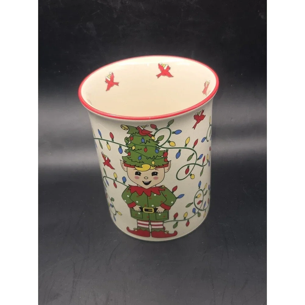 Temptations By Tara Ceramic Utensil Jar Crock Holder Elf Theme Holiday Christmas